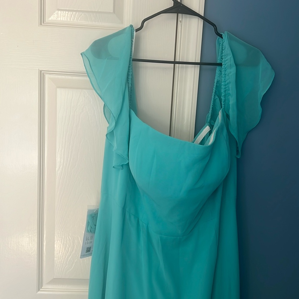 Brand new long formal dress, strapless with flowy shoulder